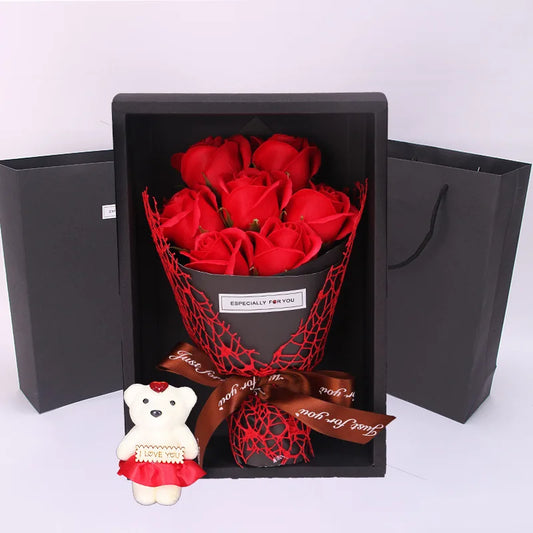 Coffret Cadeau de Roses en Savon avec Peluche